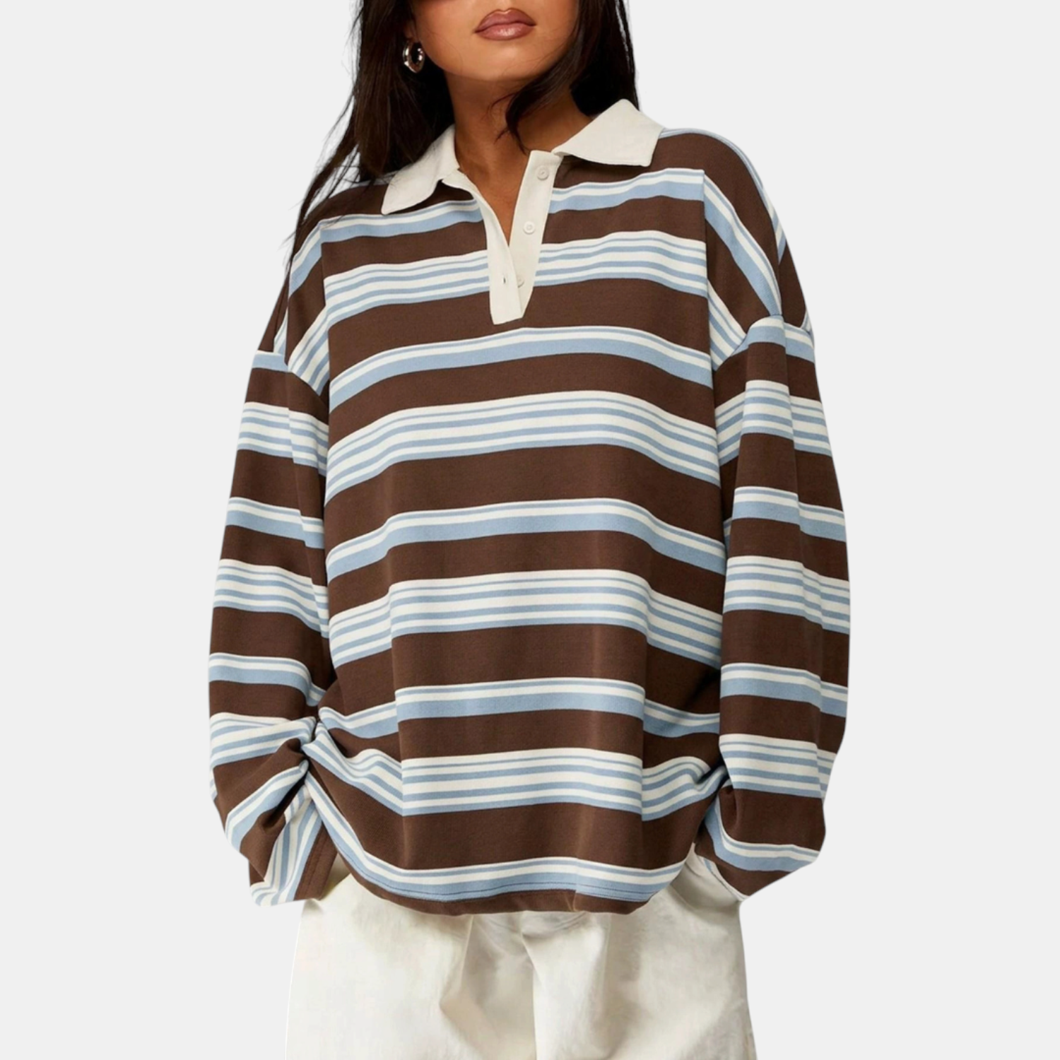 Women's Vintage Striped Polo Collar Oversized Long Sleeve Shirt