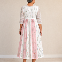 Blush Meadow Patchwork Pocket Midi Dress back view on Claire