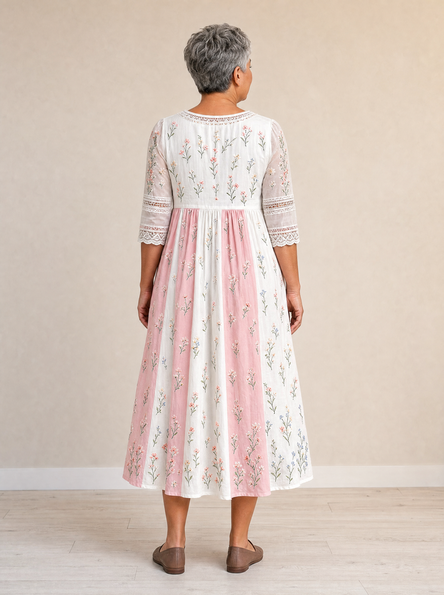 Blush Meadow Patchwork Pocket Midi Dress back view on Claire