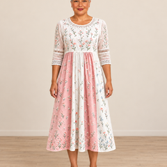 Blush Meadow Patchwork Pocket Midi Dress full front view on Claire