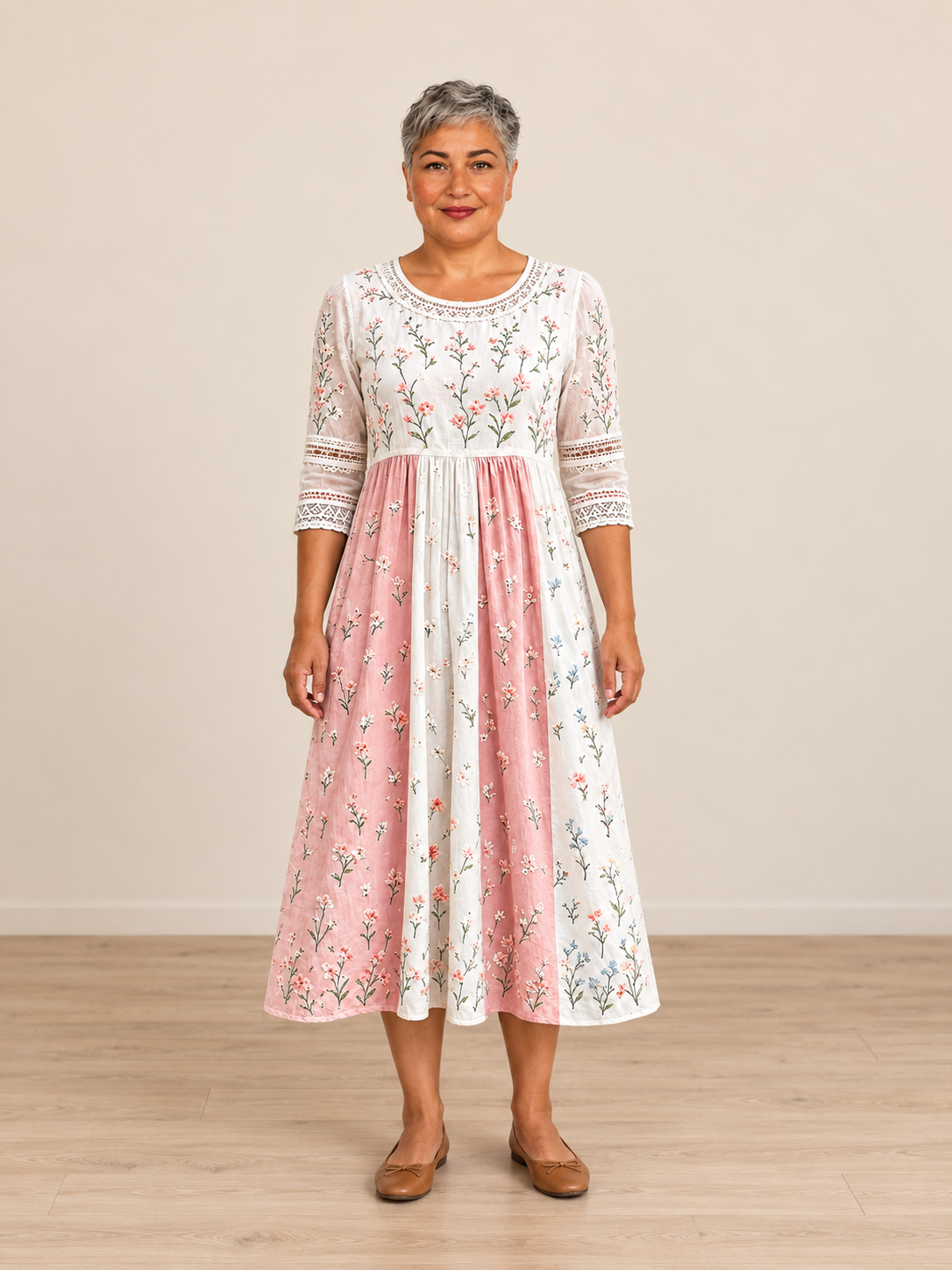 Blush Meadow Patchwork Pocket Midi Dress full front view on Claire