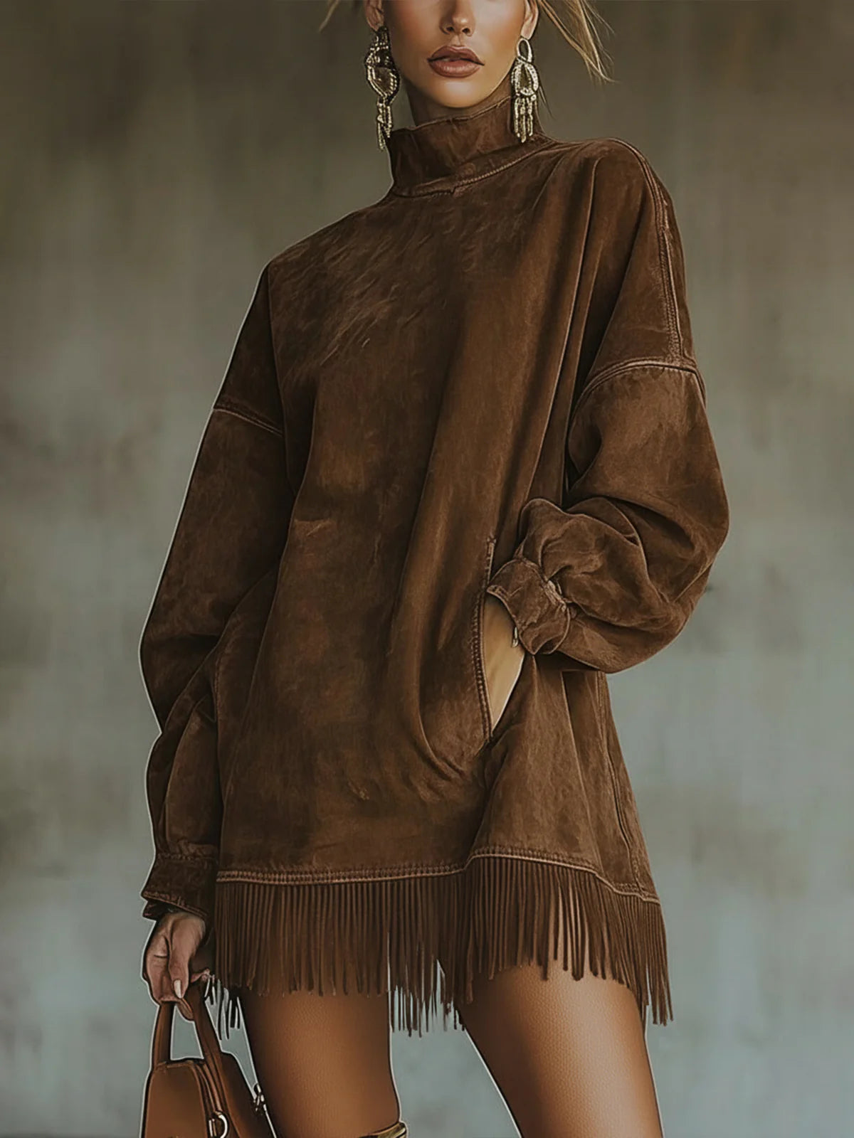 Gabriela | Suede-Look Dress with High Neck and Fringe