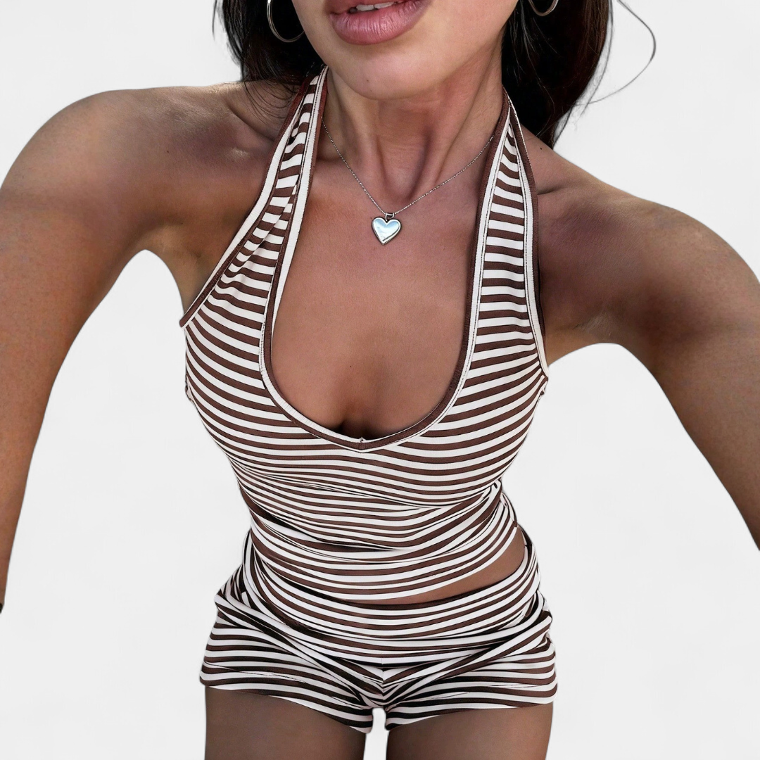 Women's Striped Halter Neck Crop Top and Shorts Set