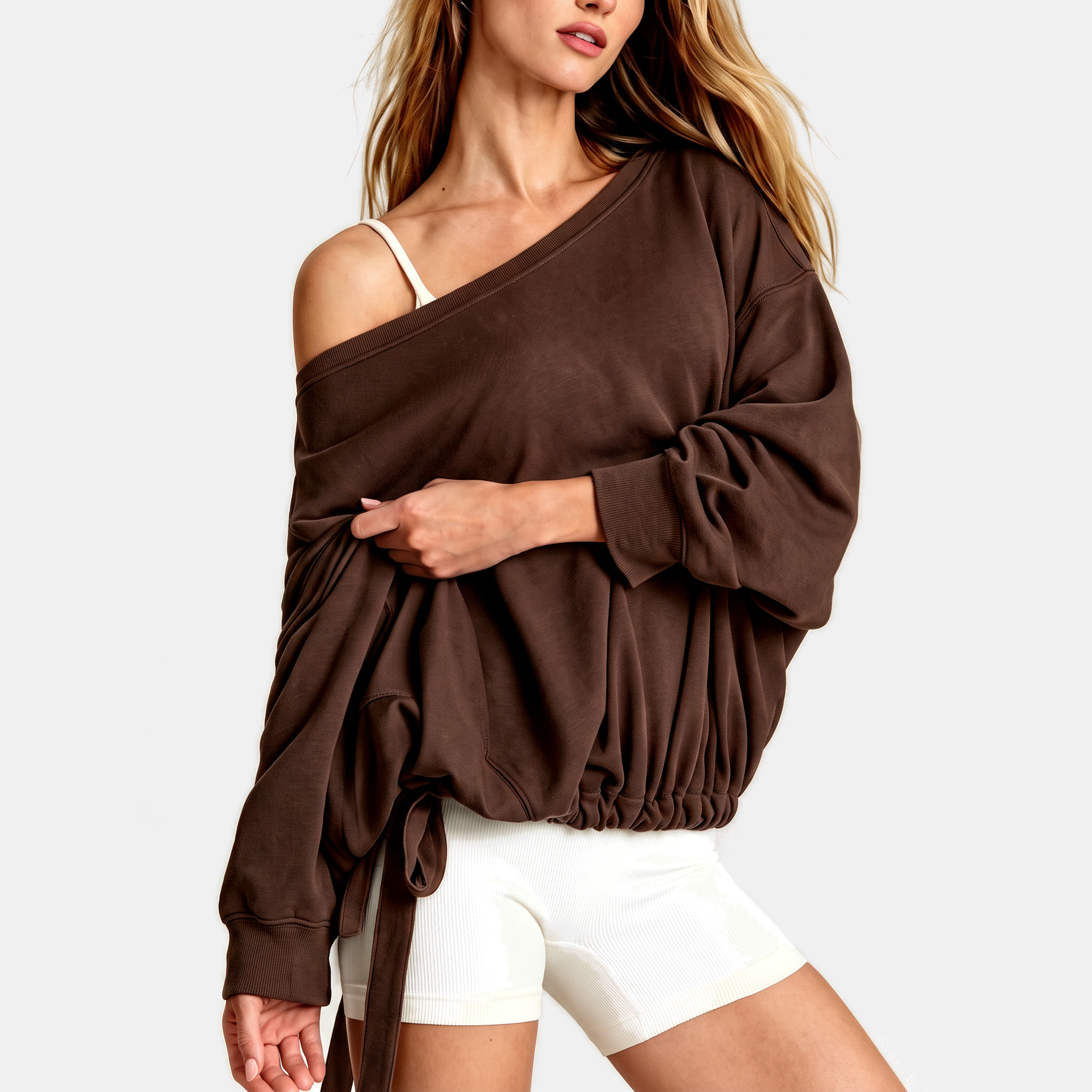 Women's One Shoulder Drawstring Hem Pullover Sweatshirt