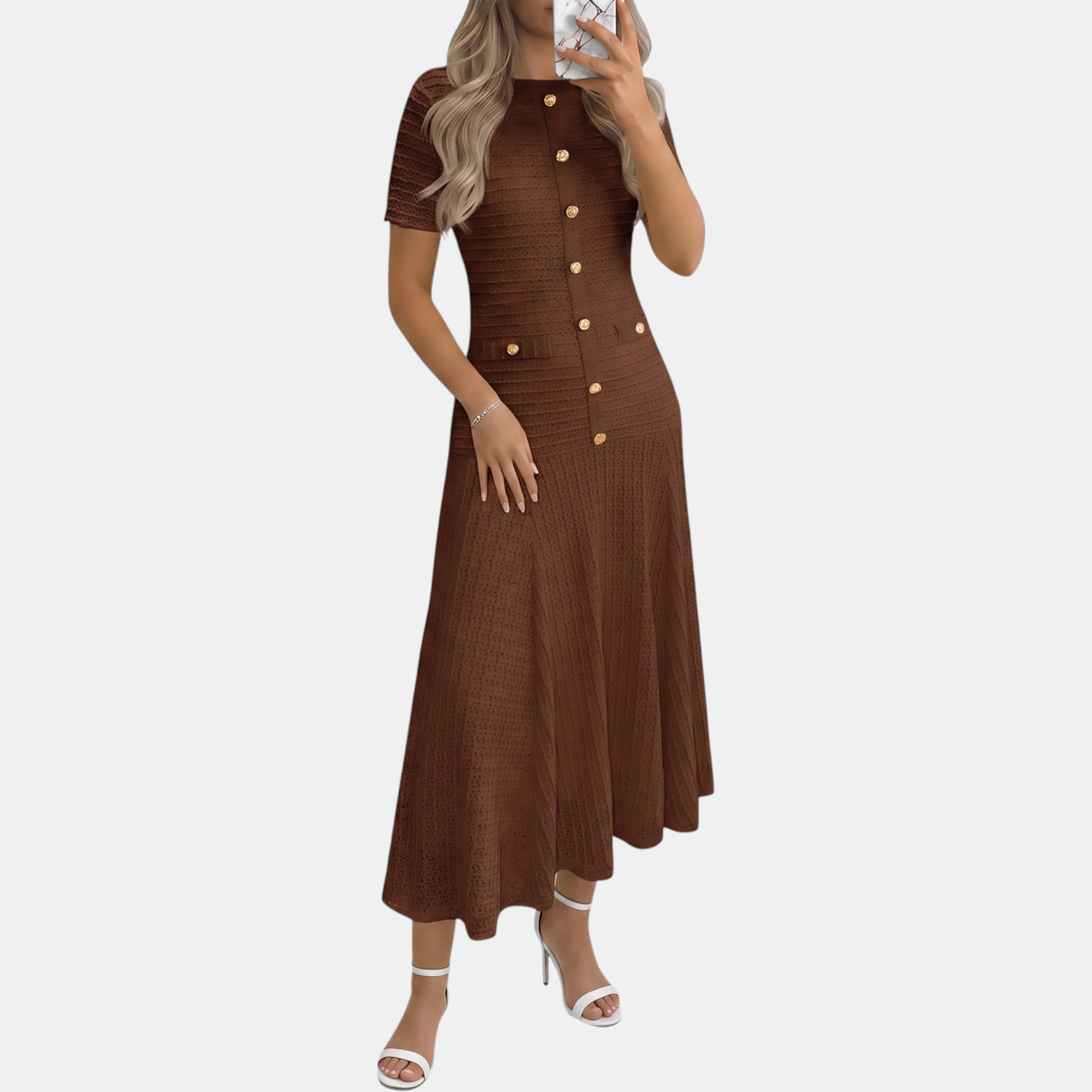 Women's Button Front Short Sleeve Slim Fit Midi A Line Dress