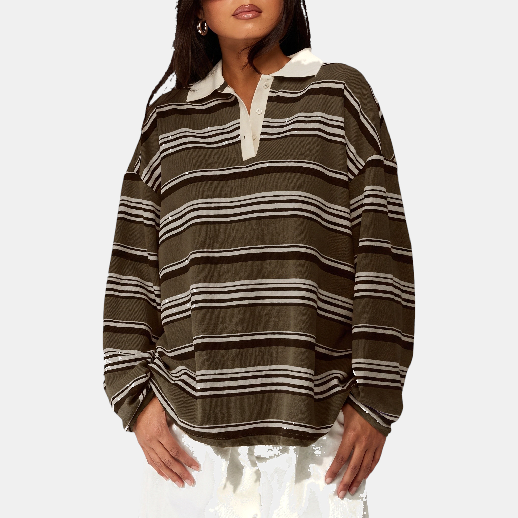 Women's Vintage Striped Polo Collar Oversized Long Sleeve Shirt