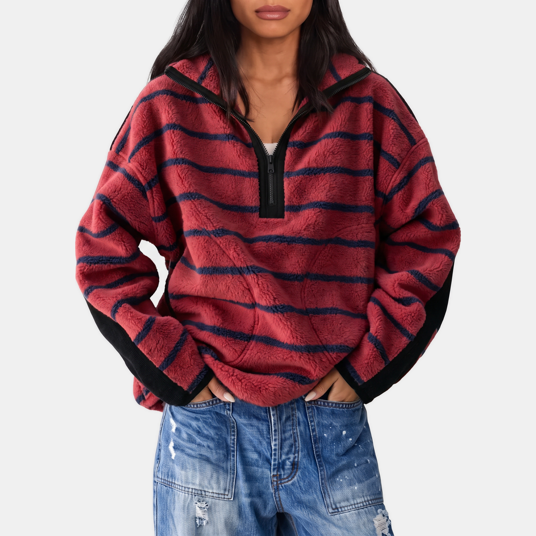 Women's Colorblock Half Zip Teddy Fleece Sweatshirt