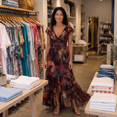 Alenne wearing Camellia in the boutique — AI brand styling