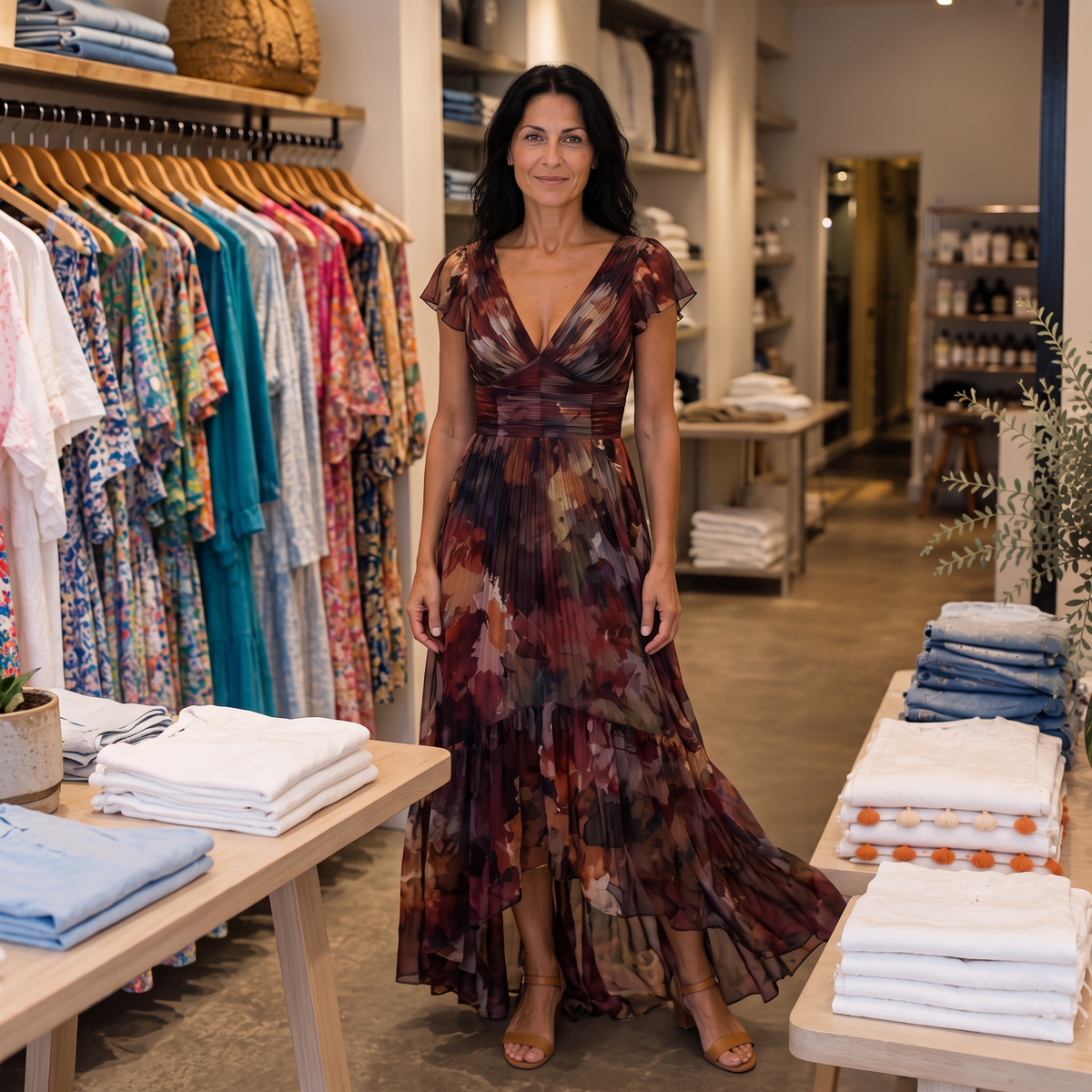 Alenne wearing Camellia in the boutique — AI brand styling