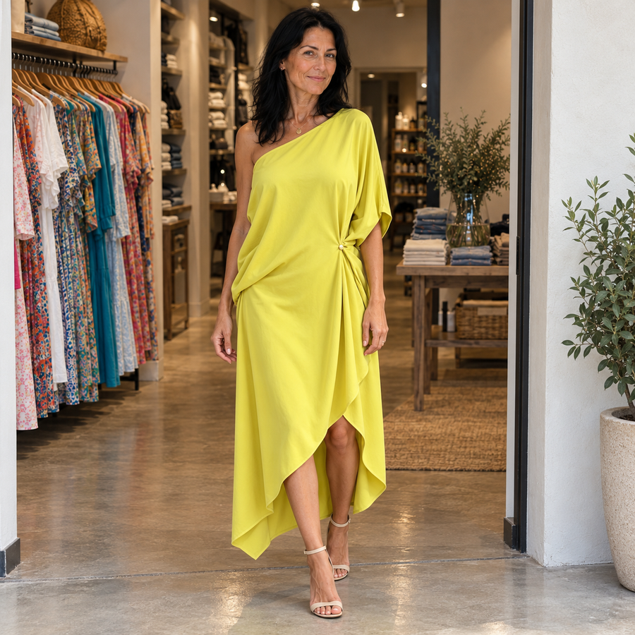 Alenne wearing Camila in the boutique — AI-generated brand illustration