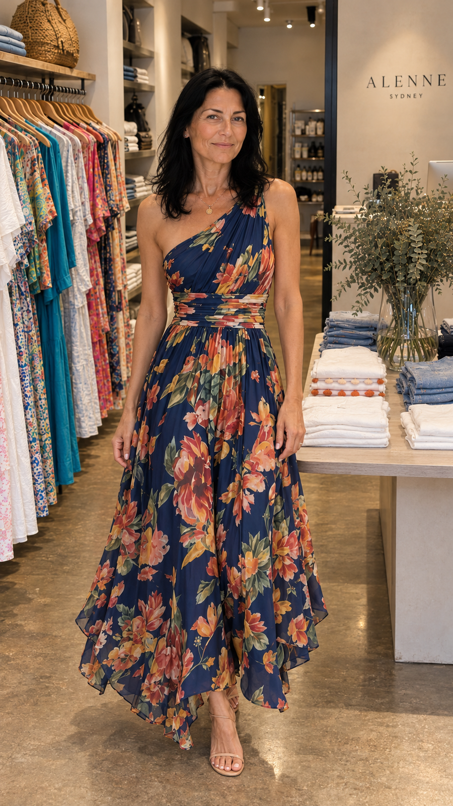 Celeste navy floral one-shoulder dress styled in the Alenne boutique — AI-generated brand image