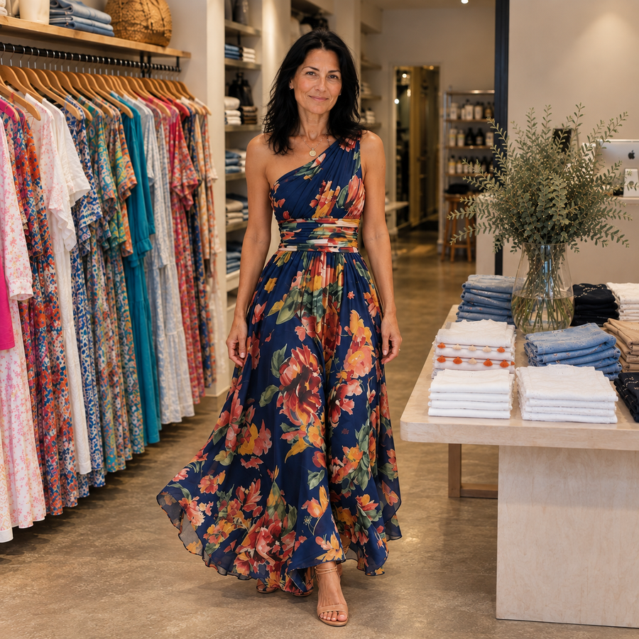 Alenne wearing Celeste in her boutique — AI-generated brand illustration, revised pose