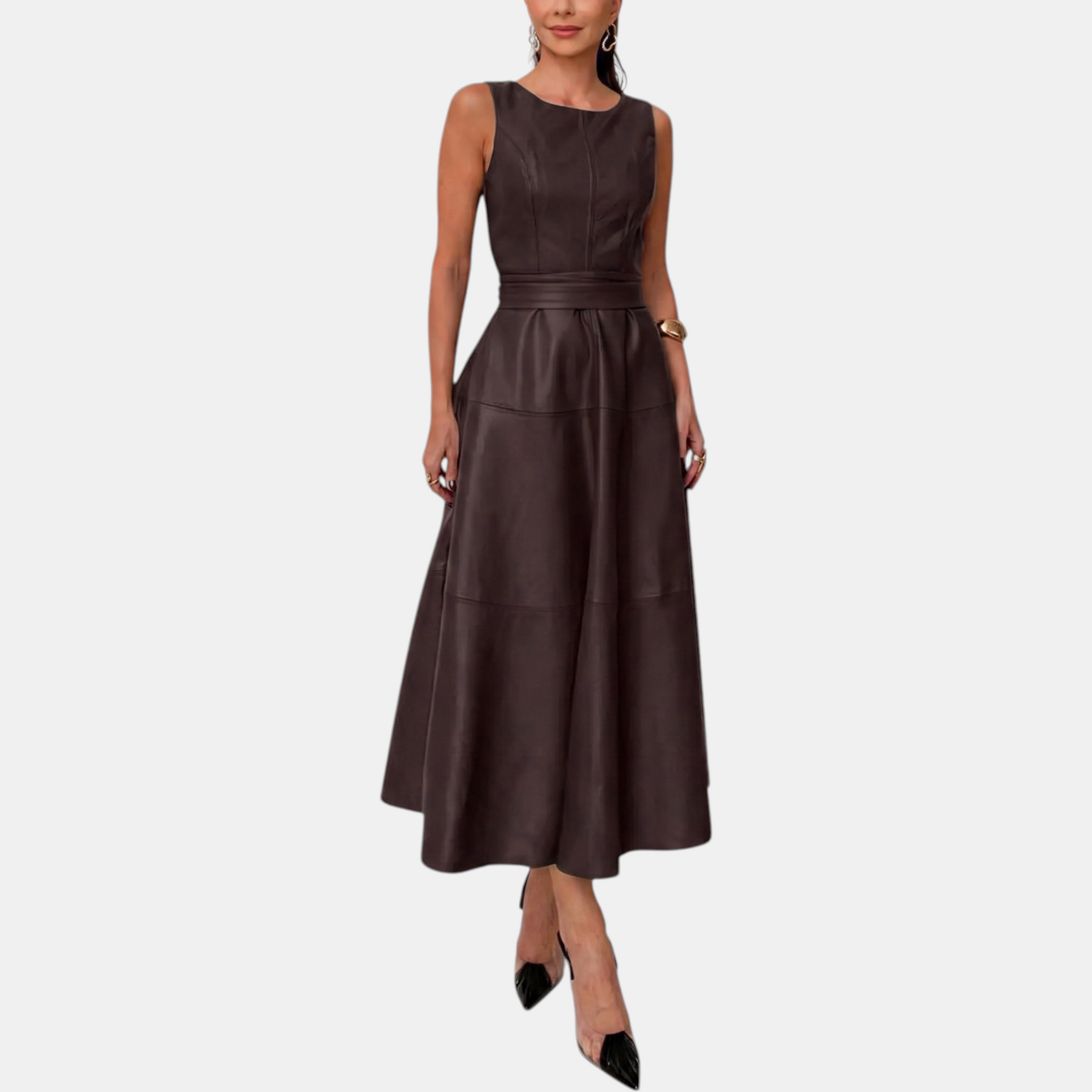 Women's Faux Leather Belted A Line Midi Dress