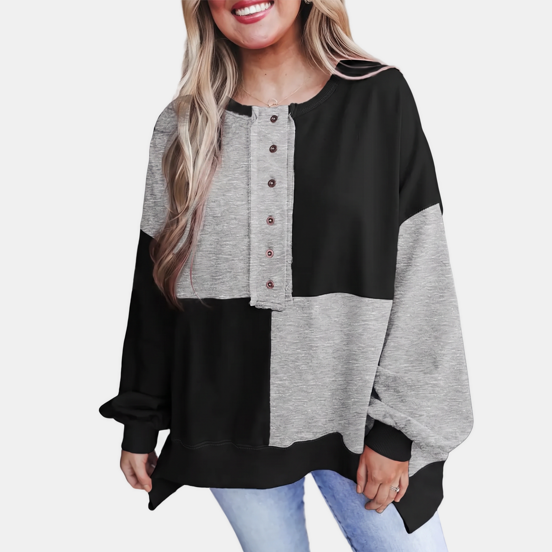 Women's Buckle Front Lapel Colorblock Longline Sweatshirt
