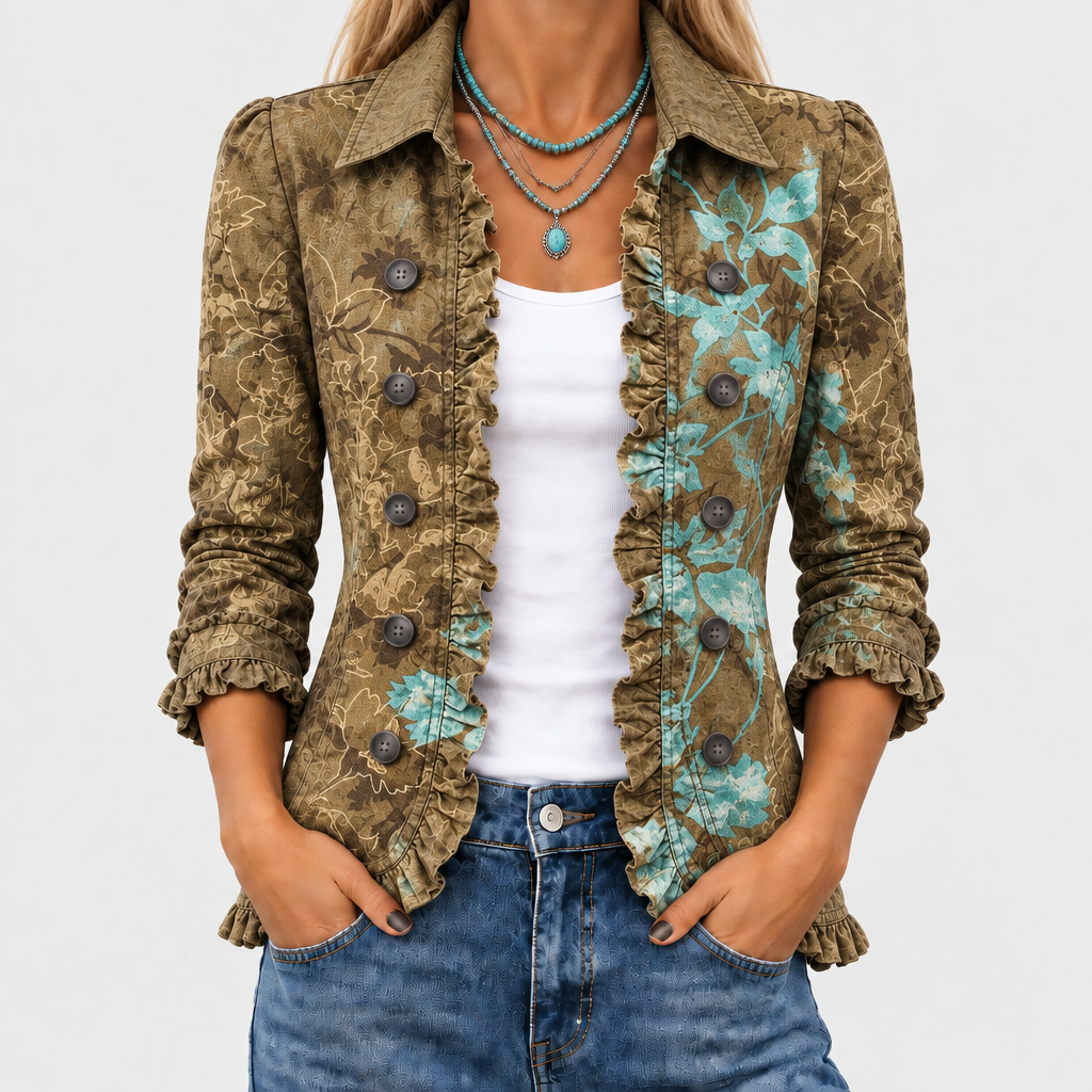 Sundara™ - Vintage Floral Ruffle Jacket with Boho Gradient Design