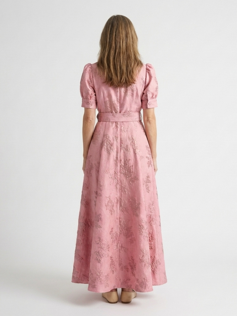 Xanthea | Short Sleeve Belted Floral Textured Maxi Shirt Dress