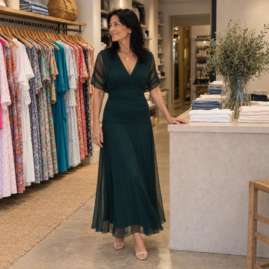 Alenne wearing Eliza in her boutique — AI-generated brand illustration, revised pose