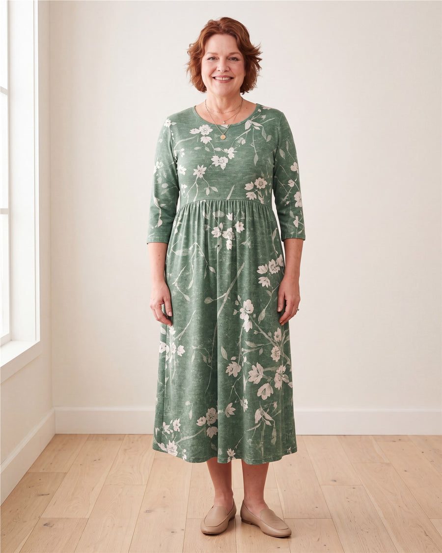 Evergreen Bloom Relaxed Pocket Midi Dress