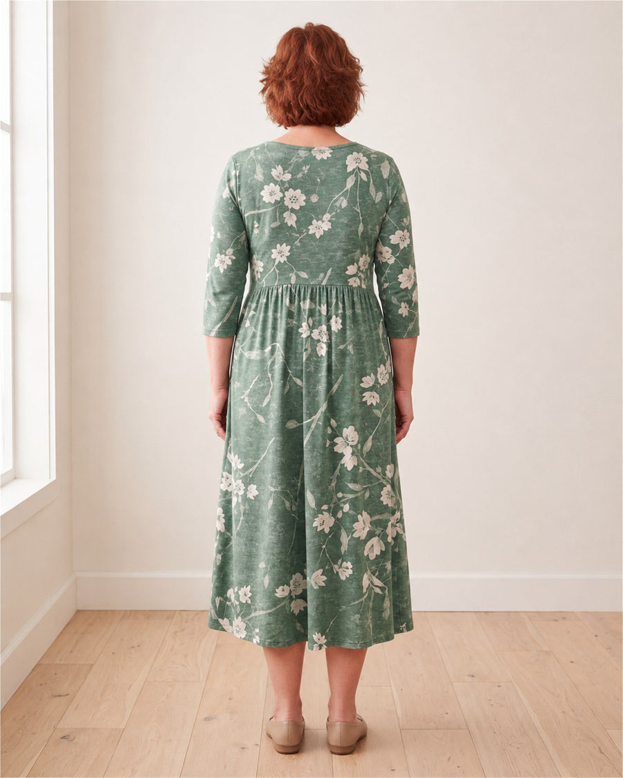 Evergreen Bloom Relaxed Pocket Midi Dress – back view