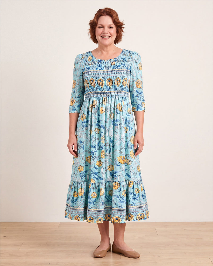 Golden Bloom Smocked Garden Midi Dress