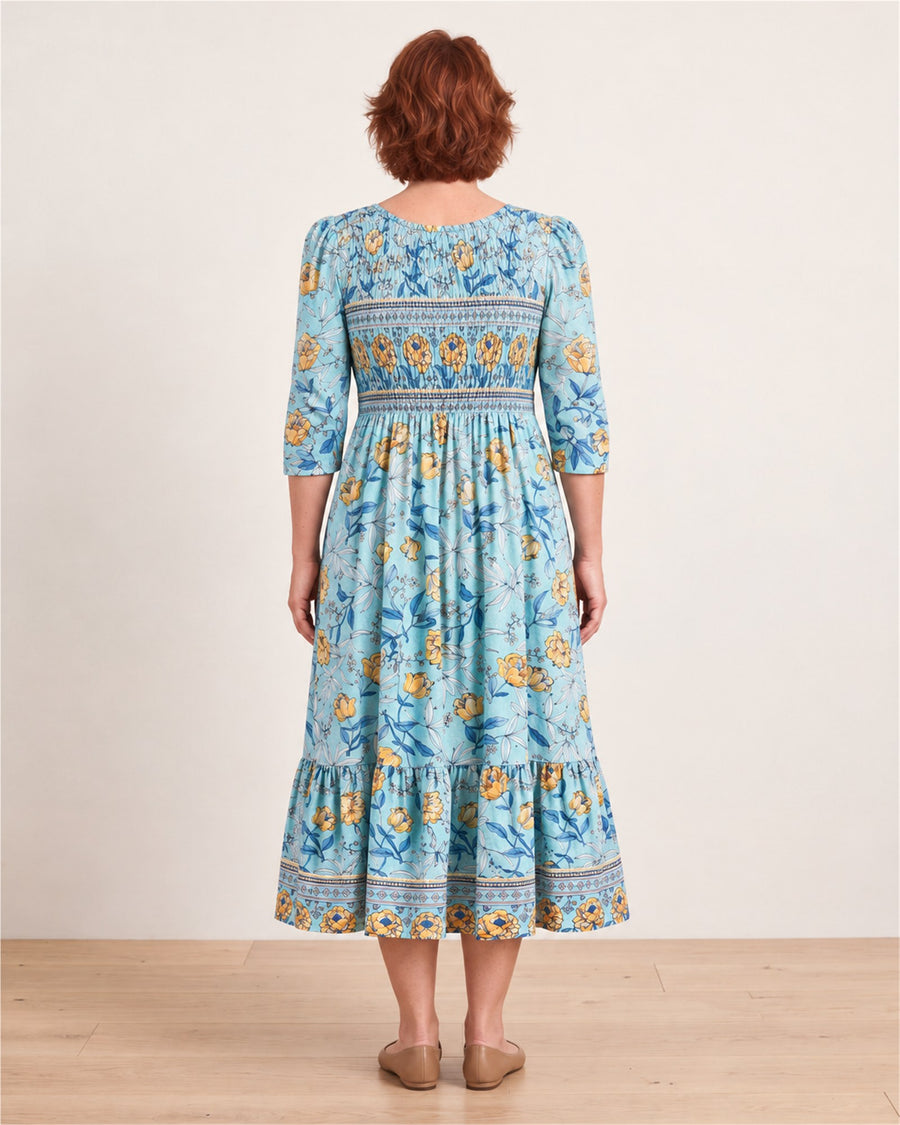 Golden Bloom Smocked Garden Midi Dress – back view