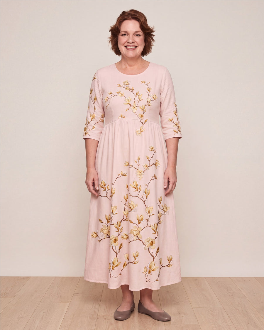 Golden Magnolia Bloom Pocket Midi Dress