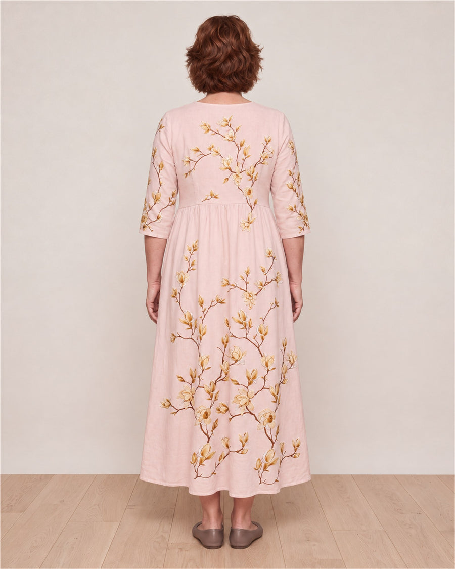 Golden Magnolia Bloom Pocket Midi Dress – back view