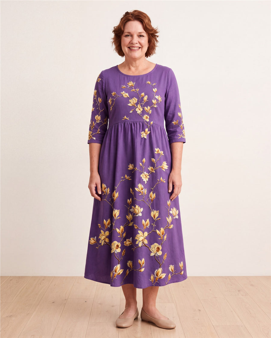 Golden Magnolia Charm Pocket Midi Dress