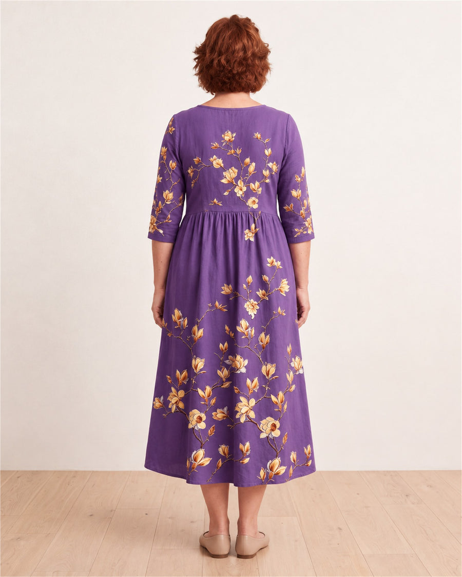 Golden Magnolia Charm Pocket Midi Dress – back view