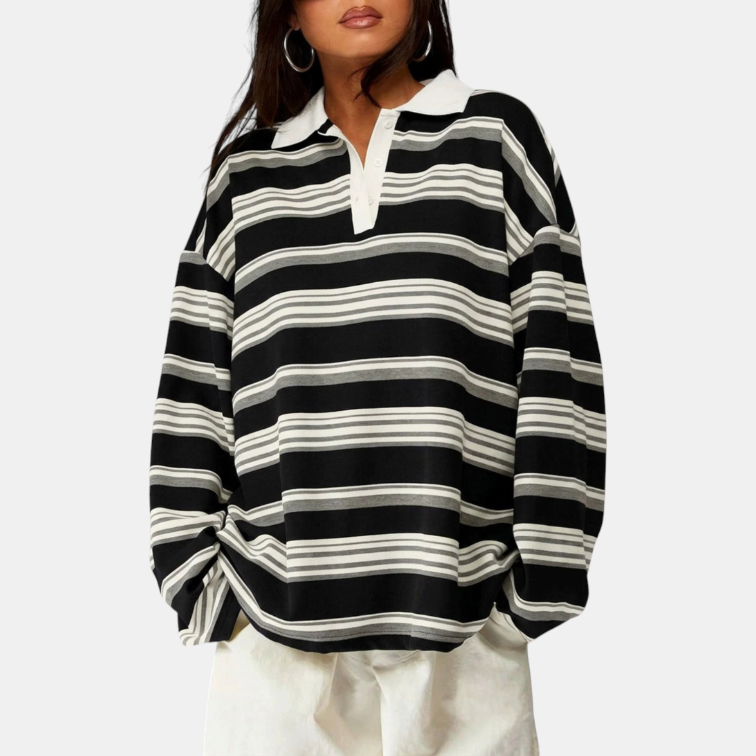 Women's Vintage Striped Polo Collar Oversized Long Sleeve Shirt