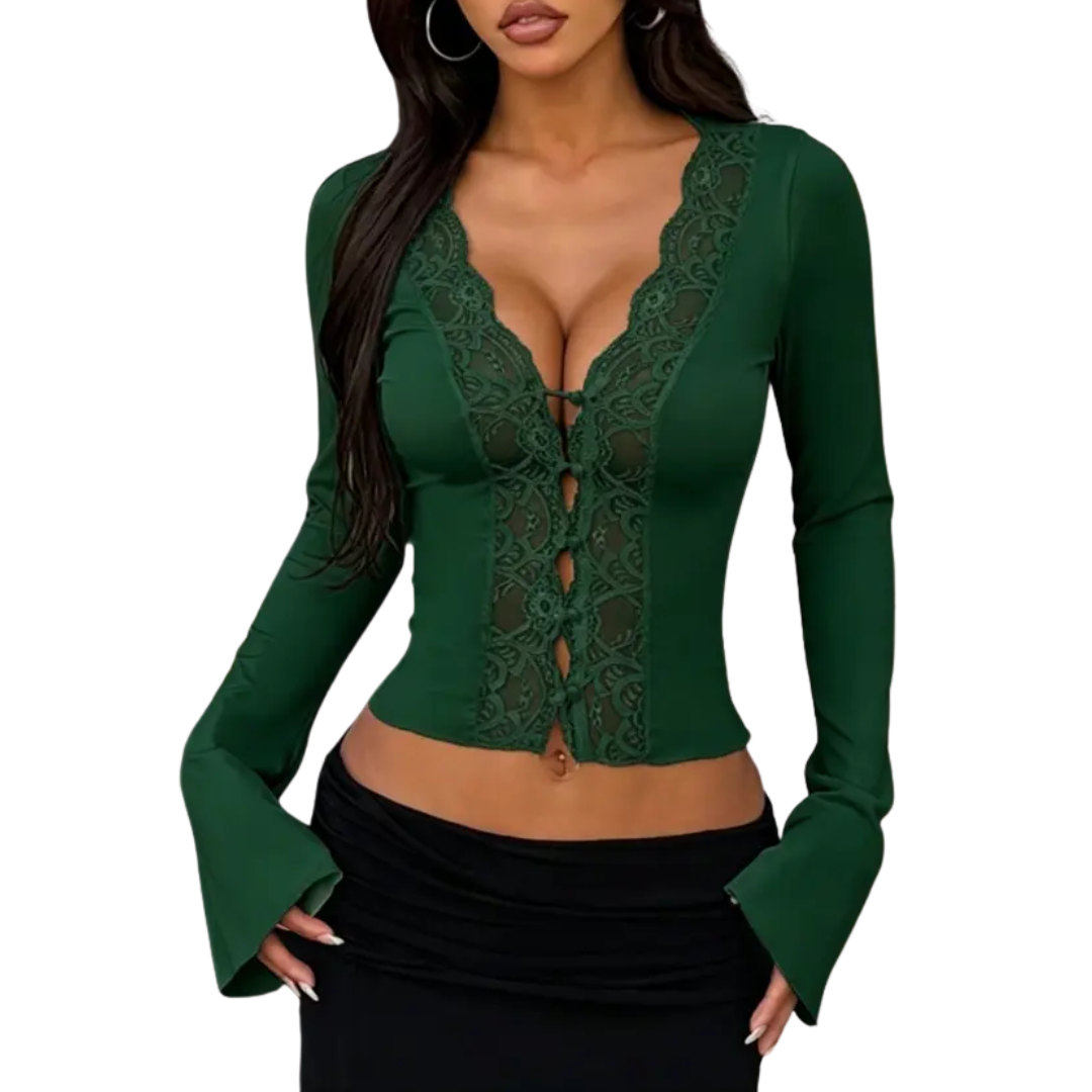 CECELIA™ – Contrast Lace Button-Front Tee Blouse
