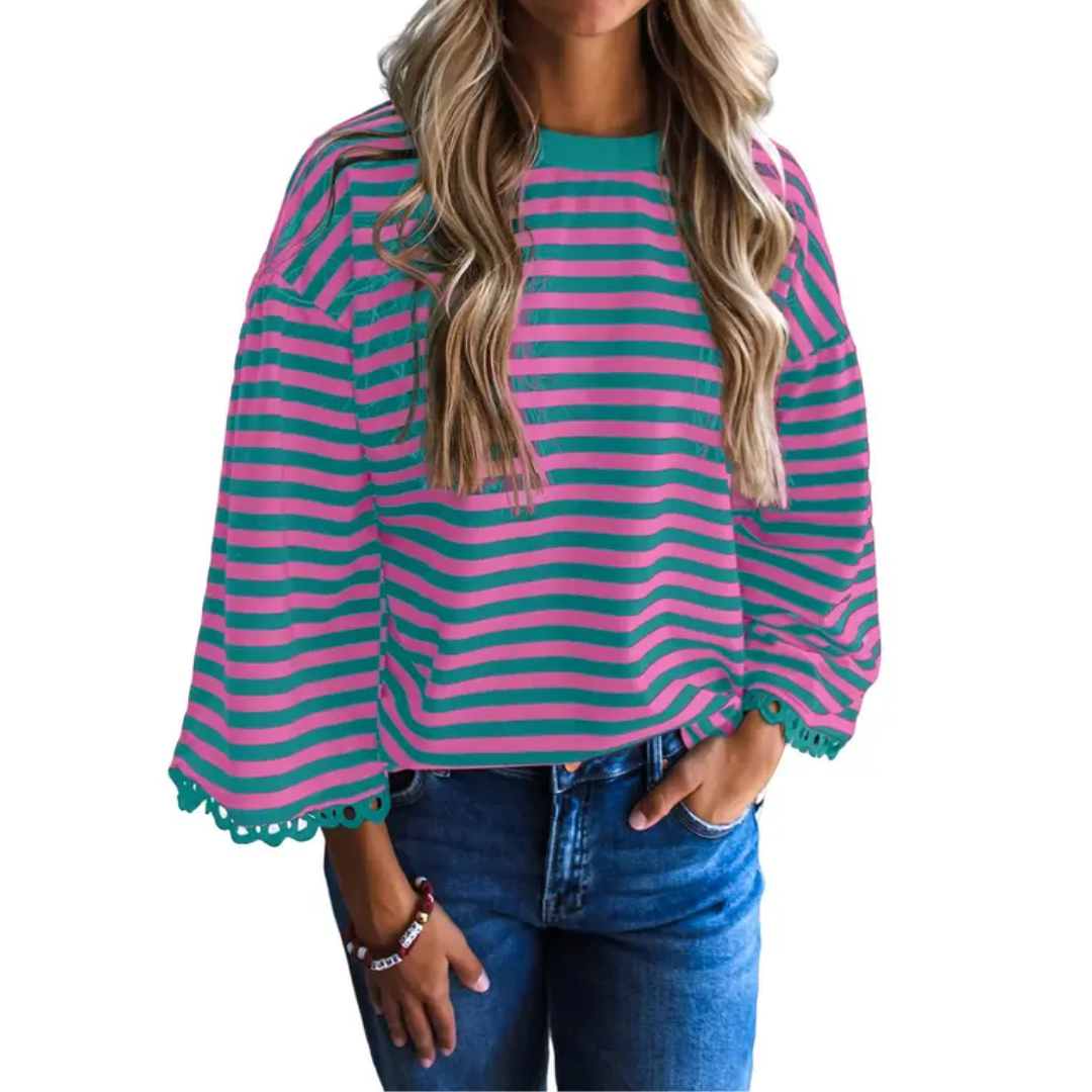 FRANKI™ – Striped Lace Trim Oversized Sweatshirt