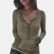 Women's Button Front Striped Knit Long Sleeve Polo Top with Pockets