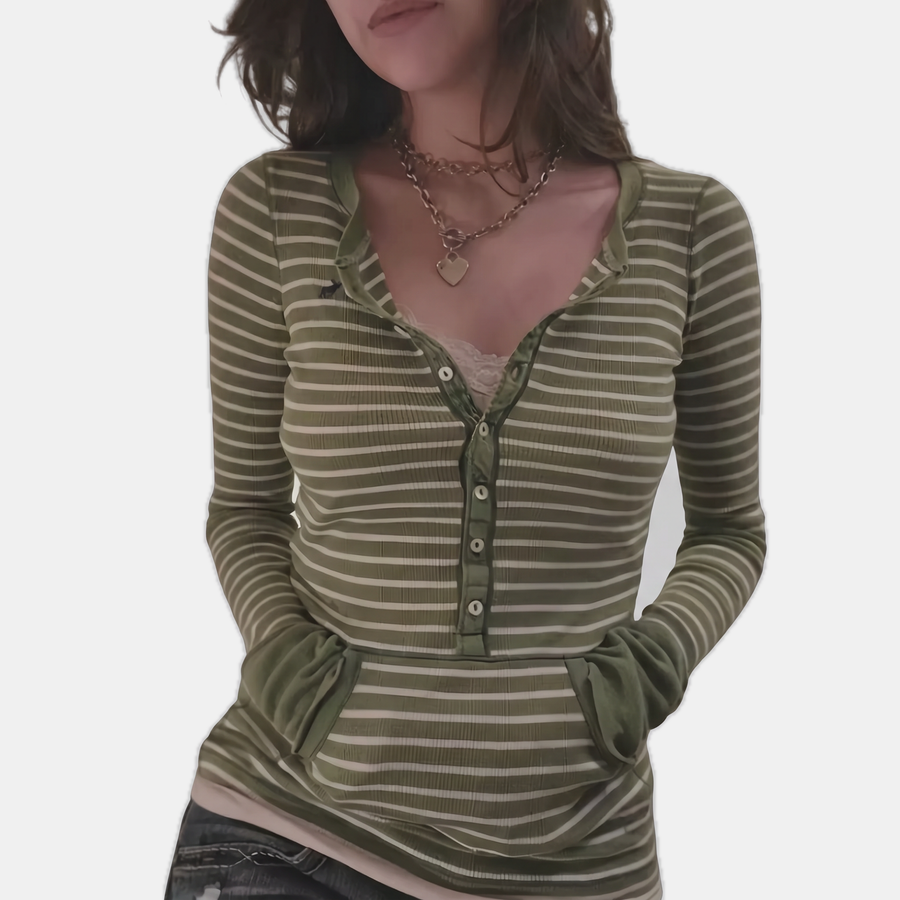 Women's Button Front Striped Knit Long Sleeve Polo Top with Pockets