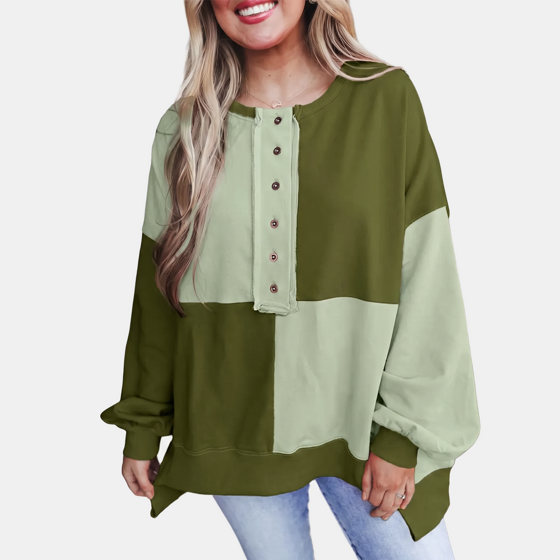 Women's Buckle Front Lapel Colorblock Longline Sweatshirt