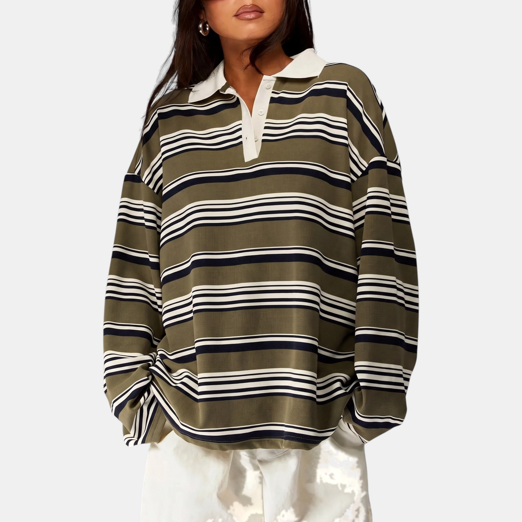 Women's Vintage Striped Polo Collar Oversized Long Sleeve Shirt