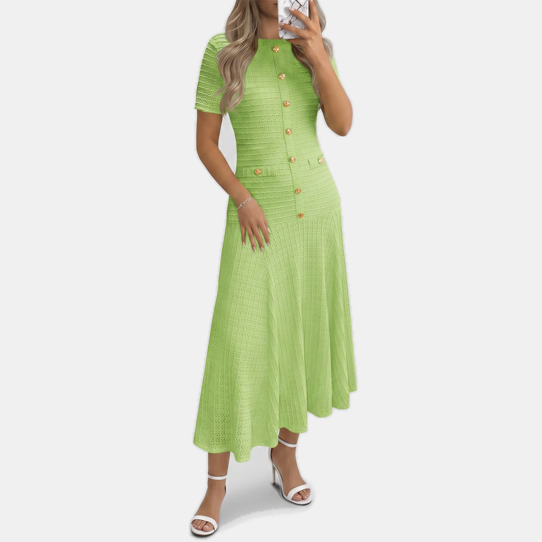 Women's Button Front Short Sleeve Slim Fit Midi A Line Dress