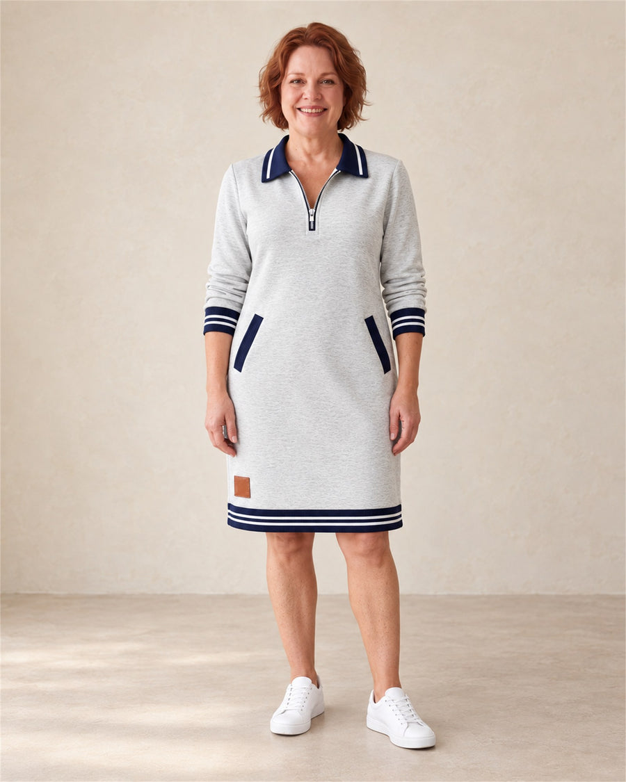 Harper zip collar dress in grey, front view