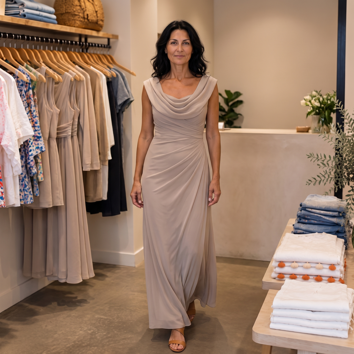 Alenne wearing Jilliann in the boutique — AI brand styling
