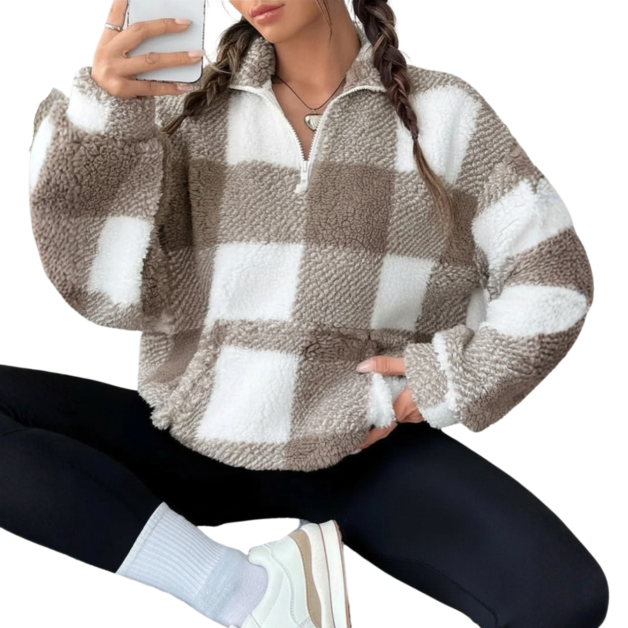 JOELLE™ – Cozy Plaid Half-Zip Fleece Sweatshirt