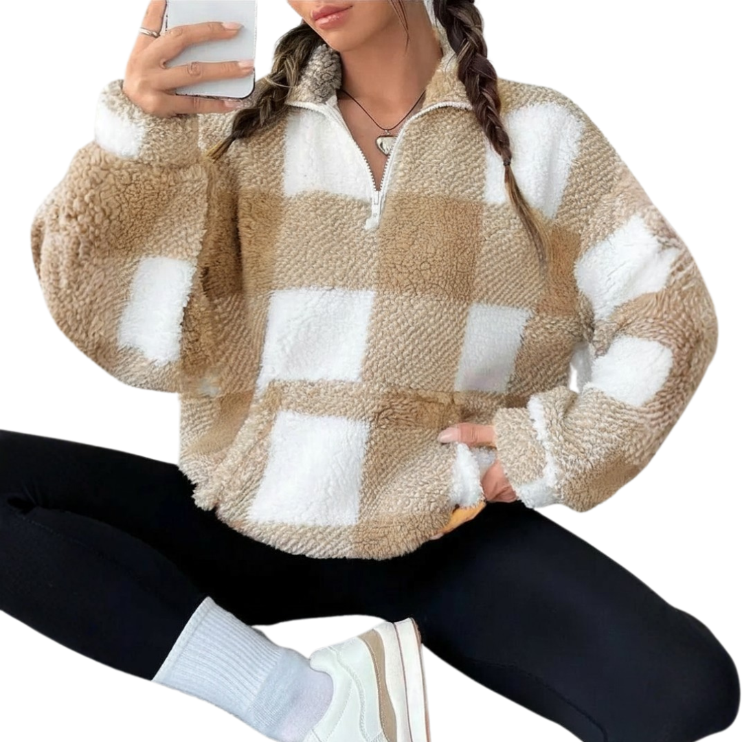 JOELLE™ – Cozy Plaid Half-Zip Fleece Sweatshirt