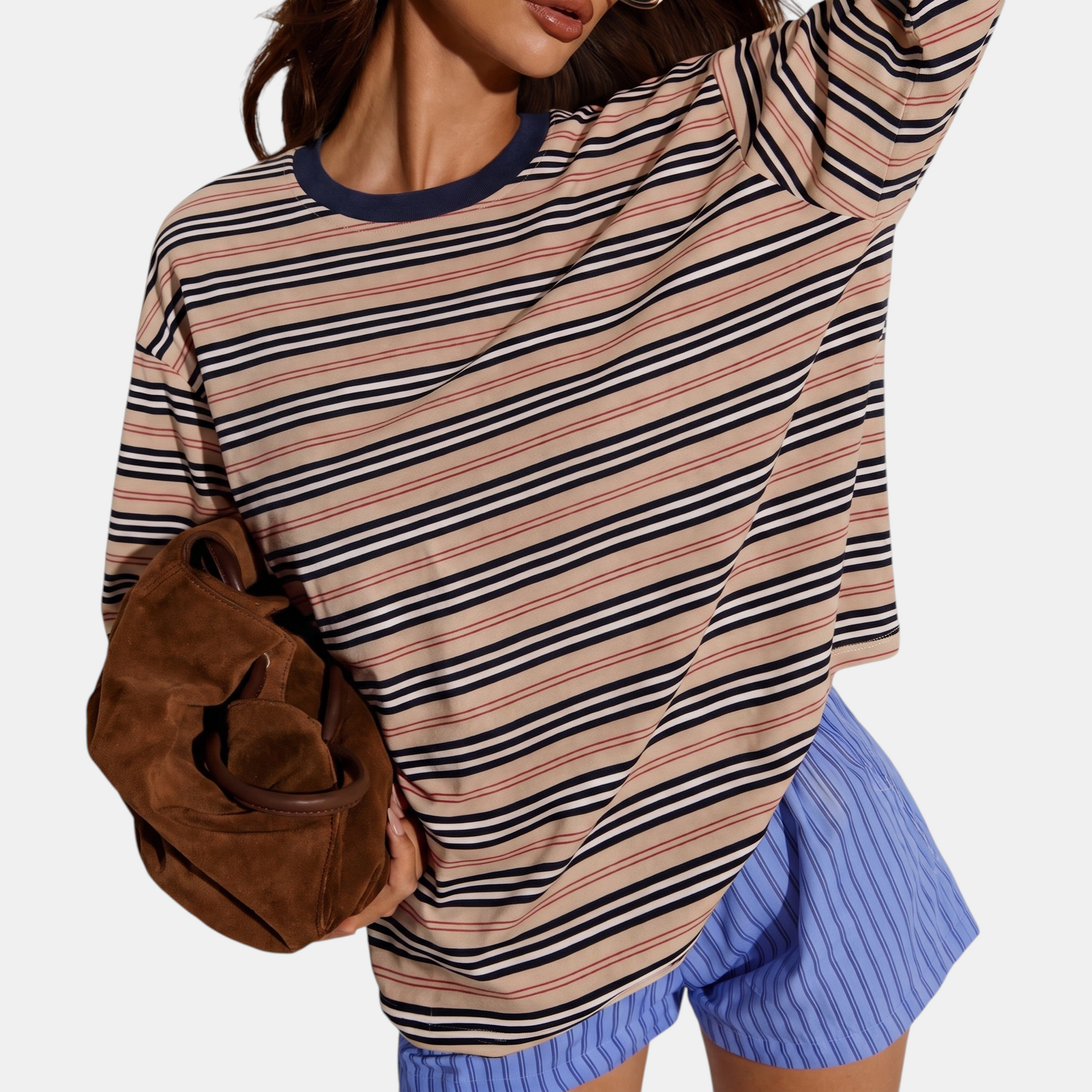 Women's Color Block Striped Long Sleeve Round Neck Fitted Top