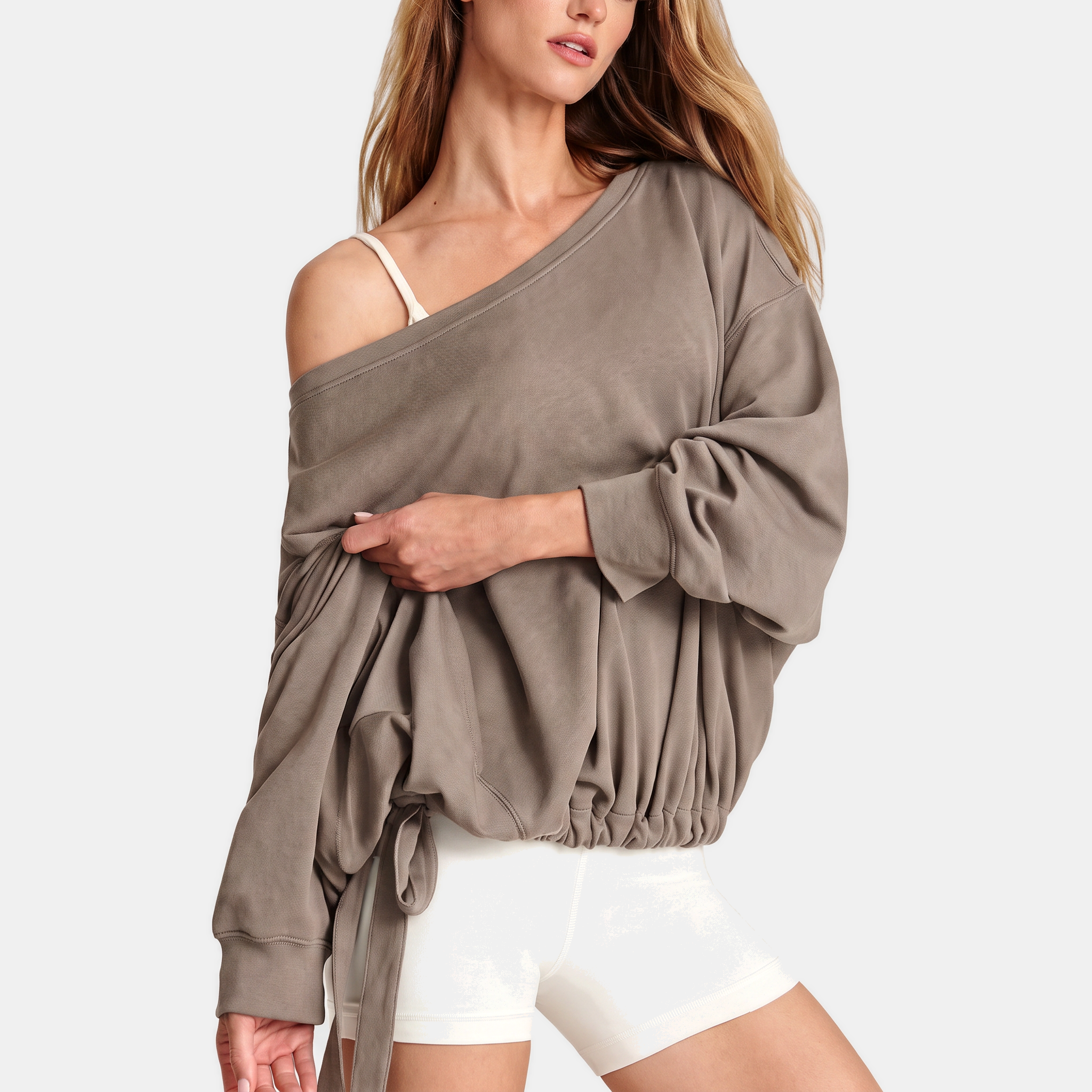 Women's One Shoulder Drawstring Hem Pullover Sweatshirt