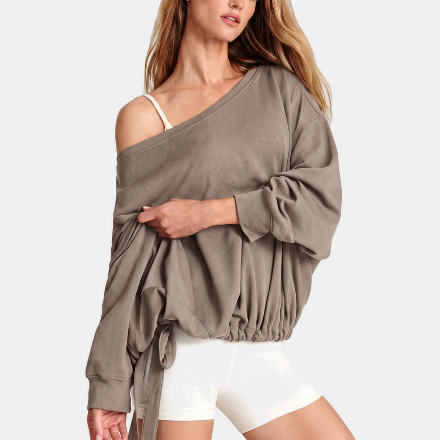 Women's One Shoulder Drawstring Hem Pullover Sweatshirt