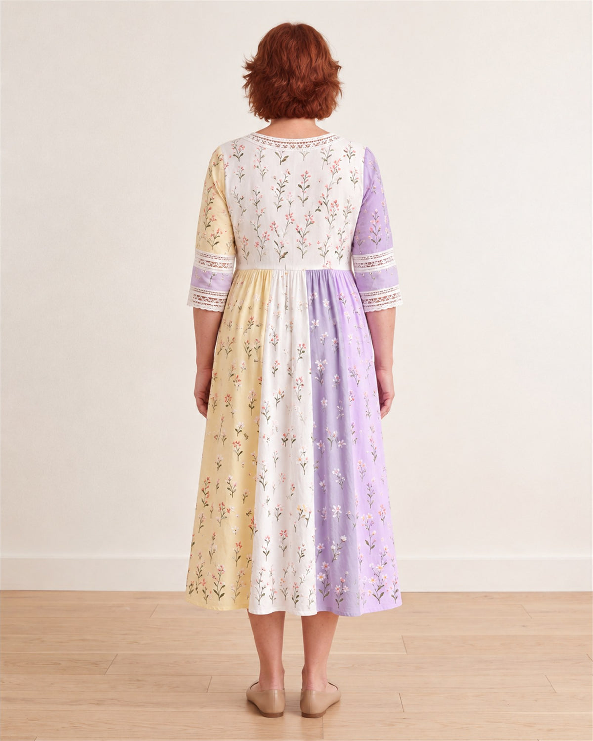 Lavender Meadow Patchwork Midi Dress – back view