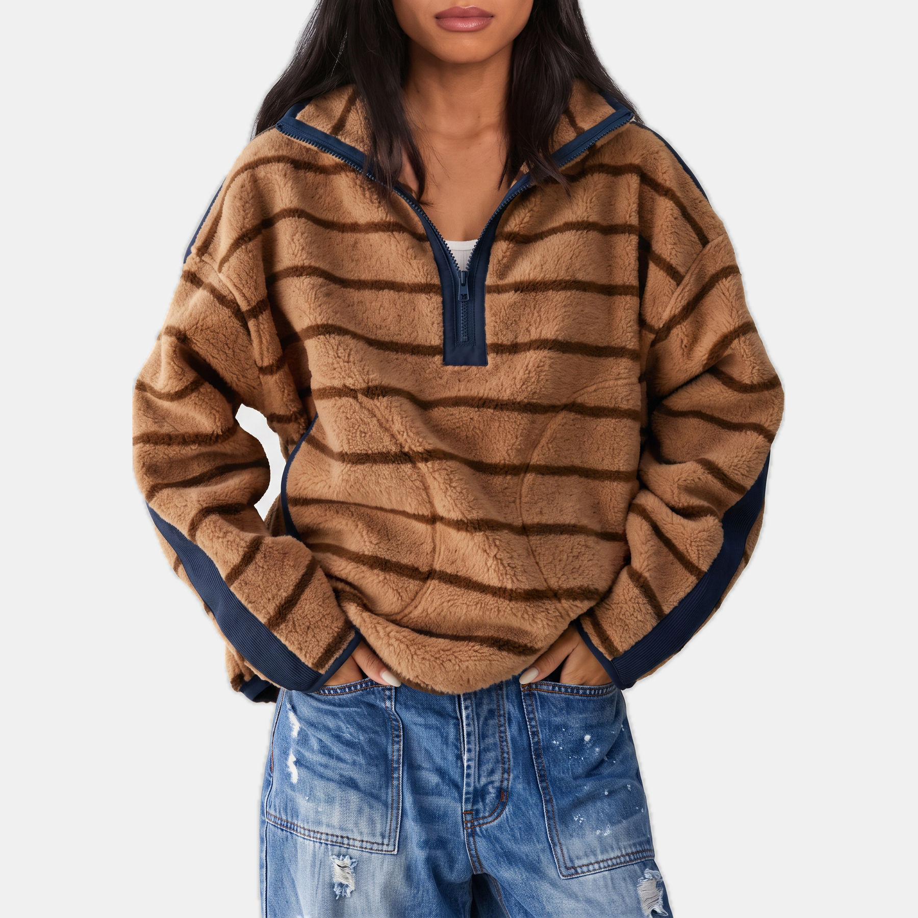 Women's Colorblock Half Zip Teddy Fleece Sweatshirt