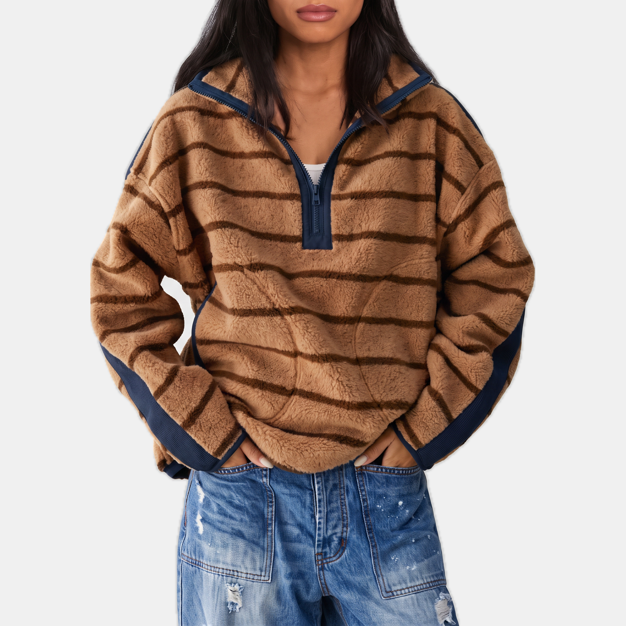 Women's Colorblock Half Zip Teddy Fleece Sweatshirt