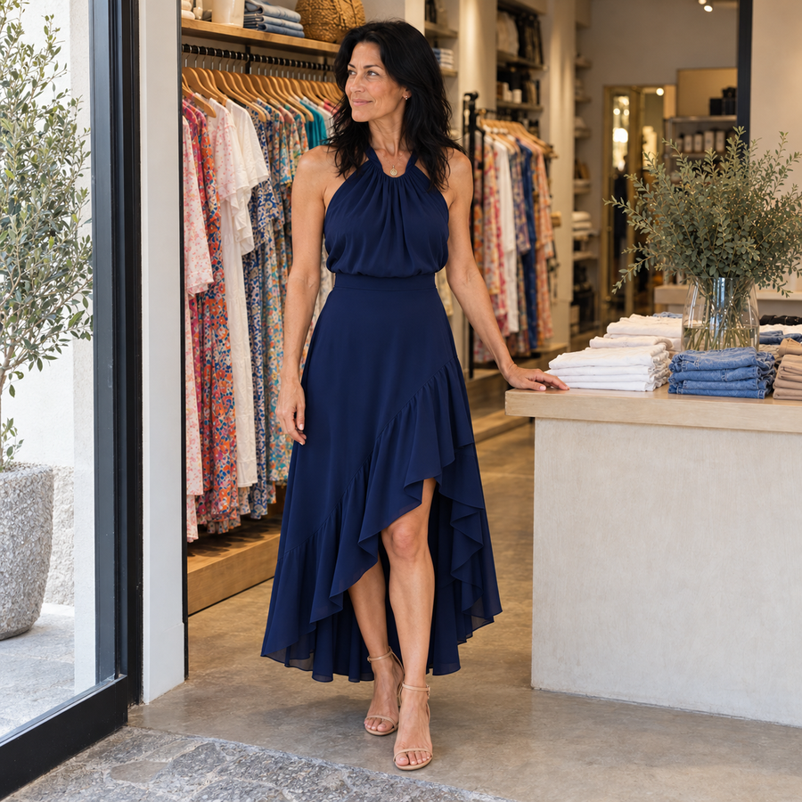 Alenne wearing Liliana in the boutique — AI-generated brand illustration