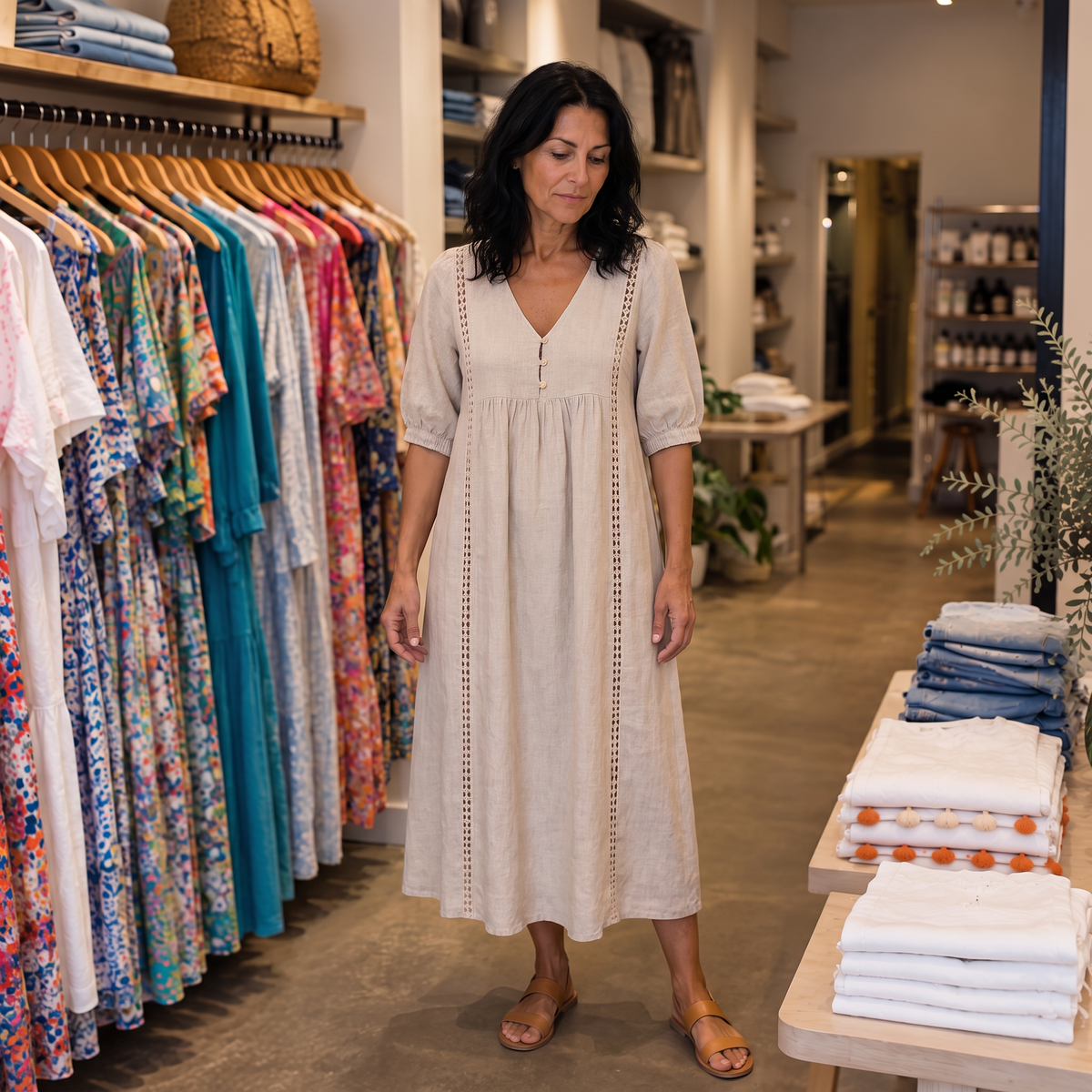 Alenne wearing Linnea in the boutique — AI brand styling