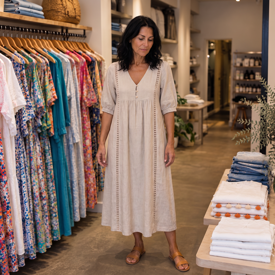 Alenne wearing Linnea in the boutique — AI brand styling